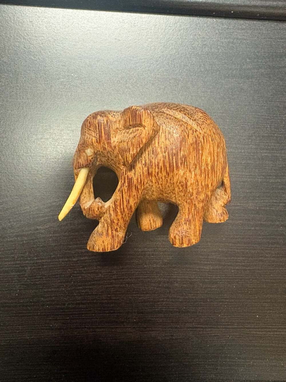 Vintage Hand-Carved Palm Wood Elephant Figurine with Tusks